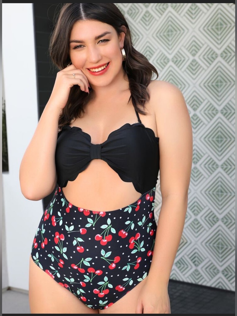 Keep It Pin-Up Chic Black Cherry Print One-Piece Swimsuit W/Scalloped Bow Top-XL